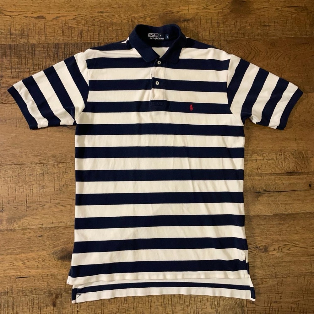 Polo Ralph Lauren Polo Shirt Mens L Navy Cream Preppy Striped Vintage Pique
